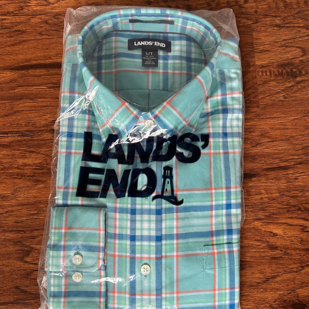 NWT Land's End Men's Traditional Fit No Iron Twill Shirt aqua plaid size L/T